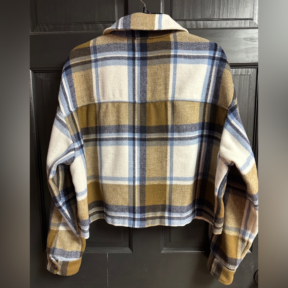 For the Republic Cropped Brown, Blue, White Plaid Flannel Shacket Women’s Sz XL - Picture 2 of 8